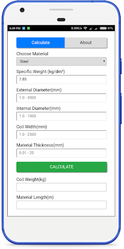 Coil Calculator, Weight/Length Screen 2