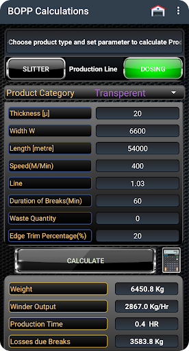 BOPP Production calculator Screen 2