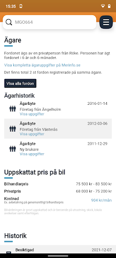 Biluppgifter, Regnr & bilägare Screen 3