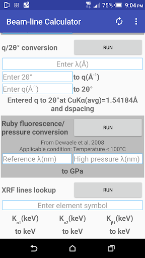 Beam-line Calculator HPXRD/XRF Screen 2