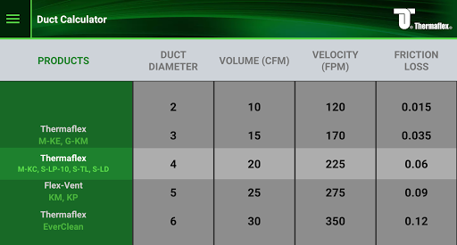 Android application Thermaflex Duct Calculator screenshort