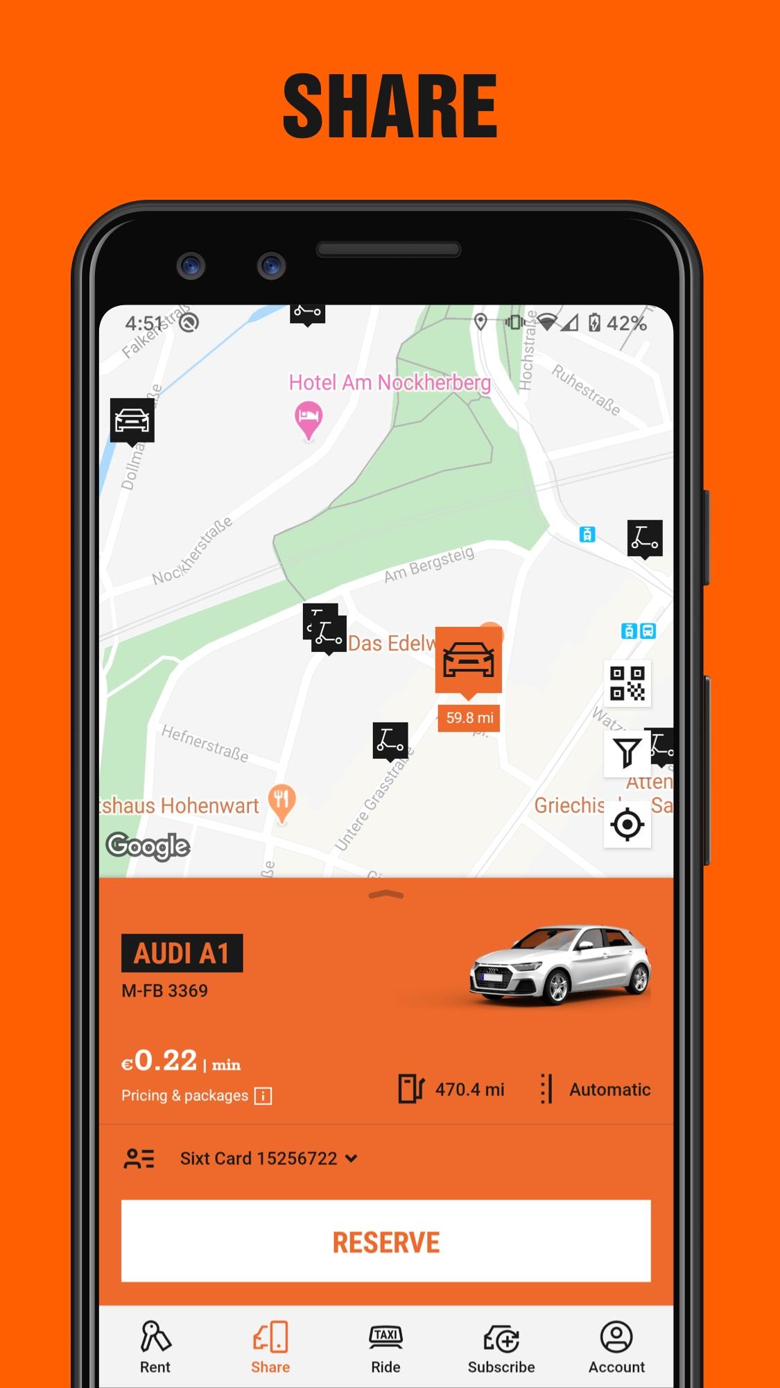 Android application SIXT rent. share. ride. plus. screenshort