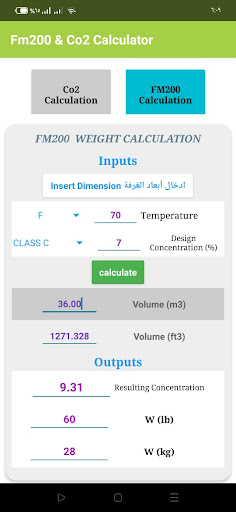 Android application FM200 and CO2 Calculator screenshort