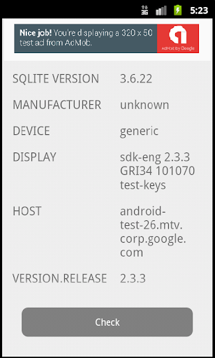 SQLite Version check Screen 2
