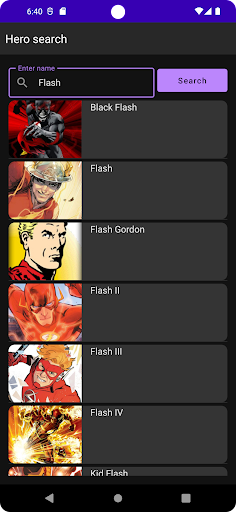 Android application Heroes search MVVM screenshort