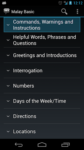 Android application Malay Basic Phrases screenshort