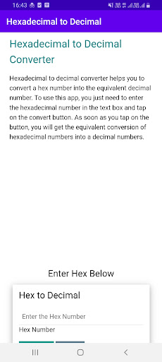 Android application Hexadecimal to Decimal screenshort