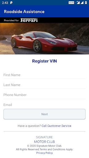 Android application Ferrari Roadside Assistance screenshort