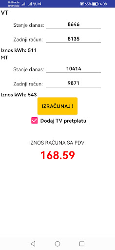 Android application Izračun potrošnje struje screenshort