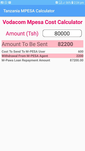 Tanzania M-PESA Cost Calculato Screen 3