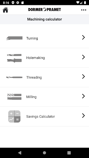 Android application Dormer Pramet Calculators screenshort