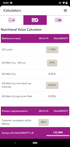 MetAMINO® Value Calculator Screen 3
