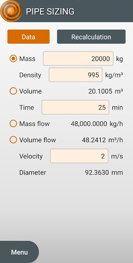 Android application Pipe Sizing screenshort
