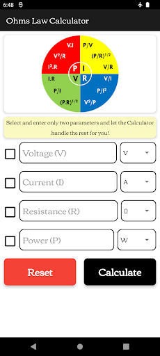 Android application Ohms Law Calculator - Ω,V,A,W screenshort