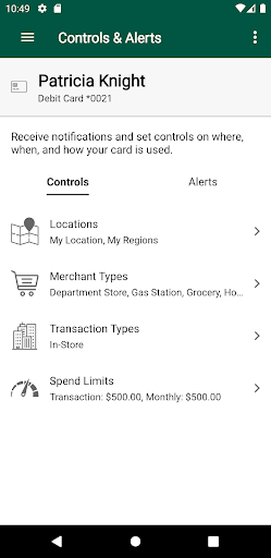 Pinnacle Bank Card Manager Screen 2