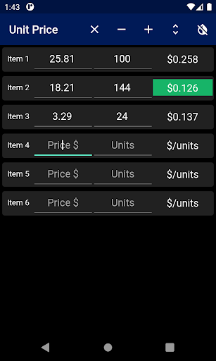 Android application Unit Price Comparison screenshort