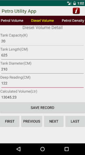 Petro Volume calculator Screen 2