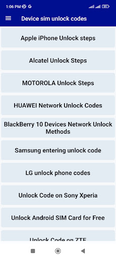 Android application Device sim unlock codes guide screenshort