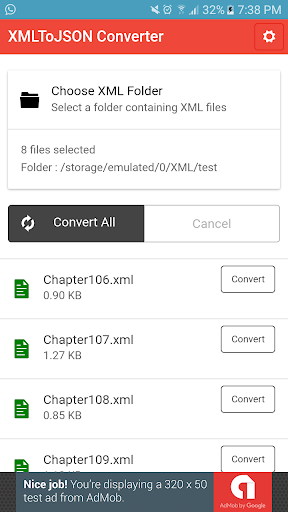 Android application XML to JSON - Convert Bulk XML screenshort