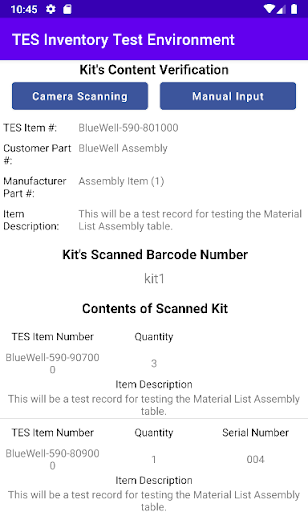 TES Inventory Test Environment Screen 2