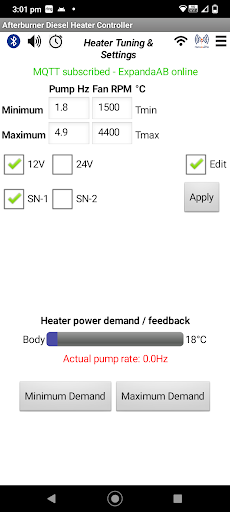 Afterburner heater controller Screen 3
