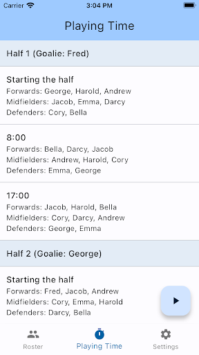 Soccer Playing Time Screen 2
