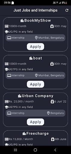 Android application Just jobs and internships screenshort