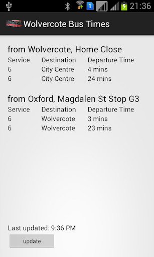 Android application Wolvercote Live Bus Times screenshort
