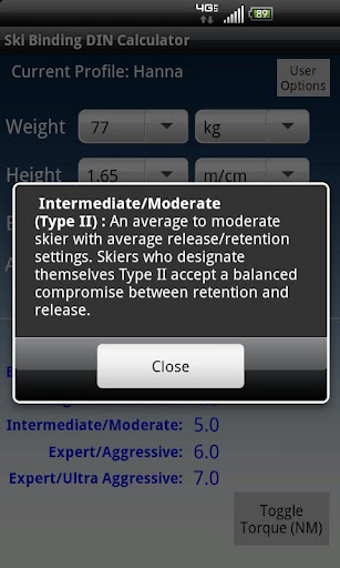 Ski Binding DIN Calculator Screen 3