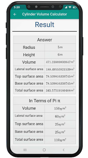 Android application Cylinder Volume Calculator screenshort