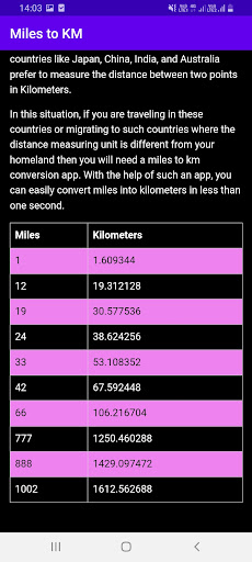 Miles to KM Screen 3