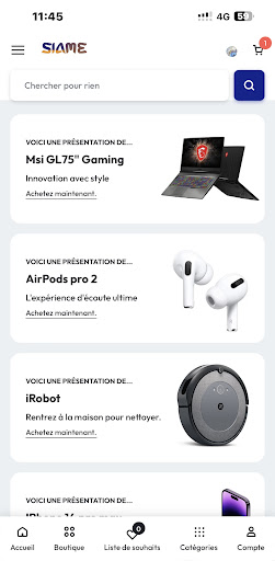 Android application Siame : Achat en ligne screenshort