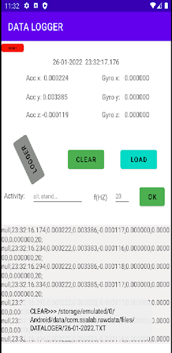 Accelerometer gyrometer Logger Screen 3