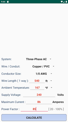 NEC Voltage Drop Calculator Screen 3