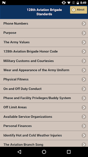 Android application 128th Aviation BG Standards screenshort