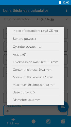 Lens thickness calculator Screen 2