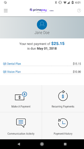 PrimePay COBRA Mobile App Screen 2