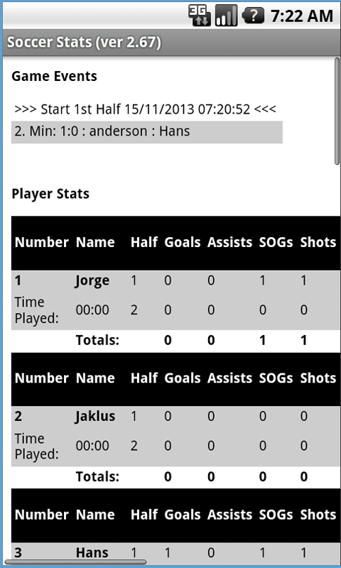 Android application Soccer Stats w/ Timer screenshort