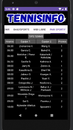 Tennis info Screen 2