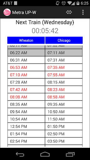 Schedule for Metra UP-W Screen 3