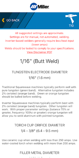 Miller Weld Setting Calculator Screen 2