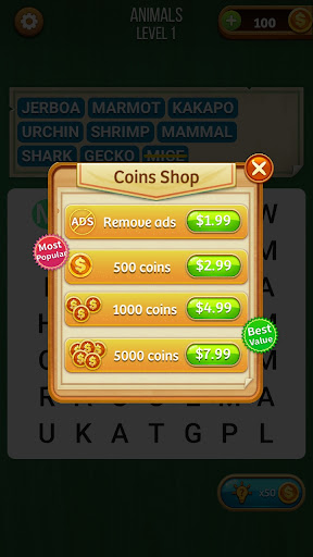 Screenshot of Word Search Game in English
