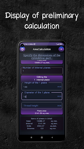 Turning part area calculator Screen 2