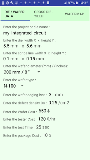 Android application Wafer gross die yield and cost screenshort