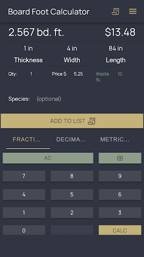Android application Lumber Board Foot Calculator screenshort