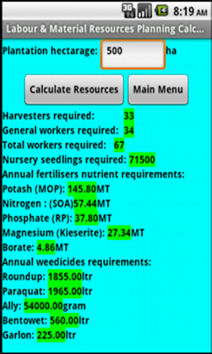 Oil Palm Resources Calculator Screen 3