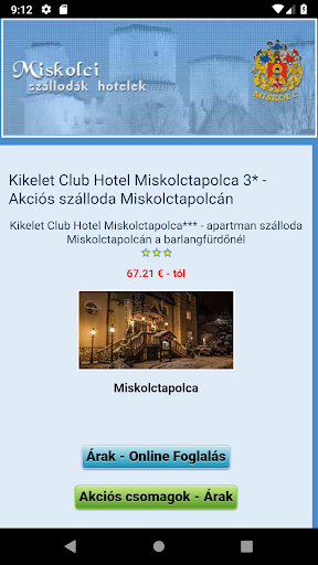 Android application Miskolctapolcai szállodák, wel screenshort