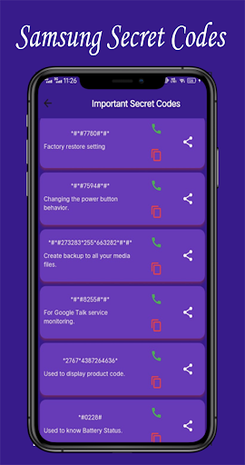 Secret codes for Samsung model Screen 2