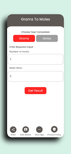 Grams to Moles Calculator Screen 2