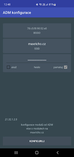 Android application ADM konfigurace screenshort